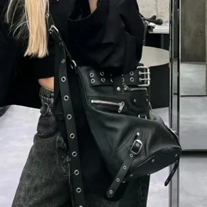 JIAERDI High Street Vintage Handbag Women New Rivet Large Capacity Casual Crossbody Bags Ladies Moto Biker Black Messenger Bag