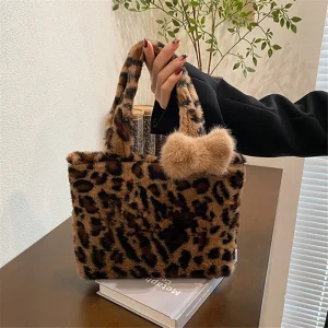 Leopard print plush Handbag Soft Fluffy Tote Bag, Stylish Shoulder Bags for Women Daily Use Friends Festivals Parties Gift